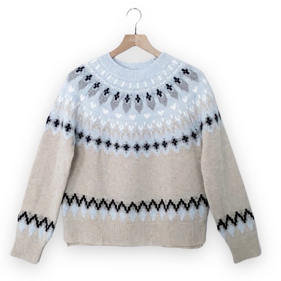 27 Miles Malibu Farida Sweater Fair Isle Cashmere Wool Oatmeal Neutral Crew Neck - Picture 2 of 11
